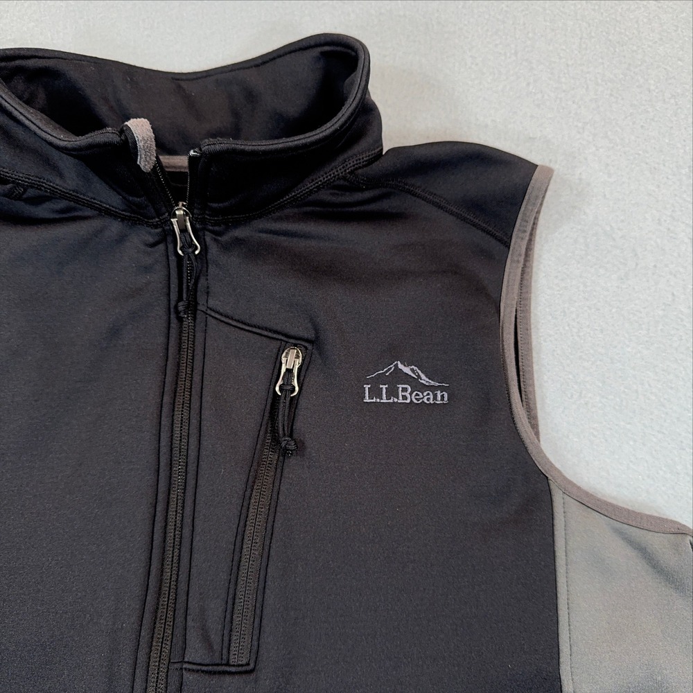 LL Bean Men Softshell Fleece Lined Vest Black Gray Full Zip Sleeveless Large REG